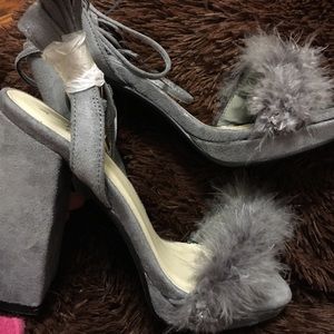 Fluffy open toe heels chunky heel block heel